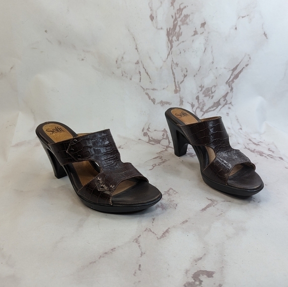 Sofft Heels Womens 9 Brown Pumps Leather Sandal Shoe Croc Reptile Valora - Picture 1 of 12